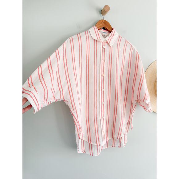 Madewell | NWT Oversized Pleated-Sleeve Button-Up Shirt in Bright Flame | Sz XXS - Picture 3 of 10